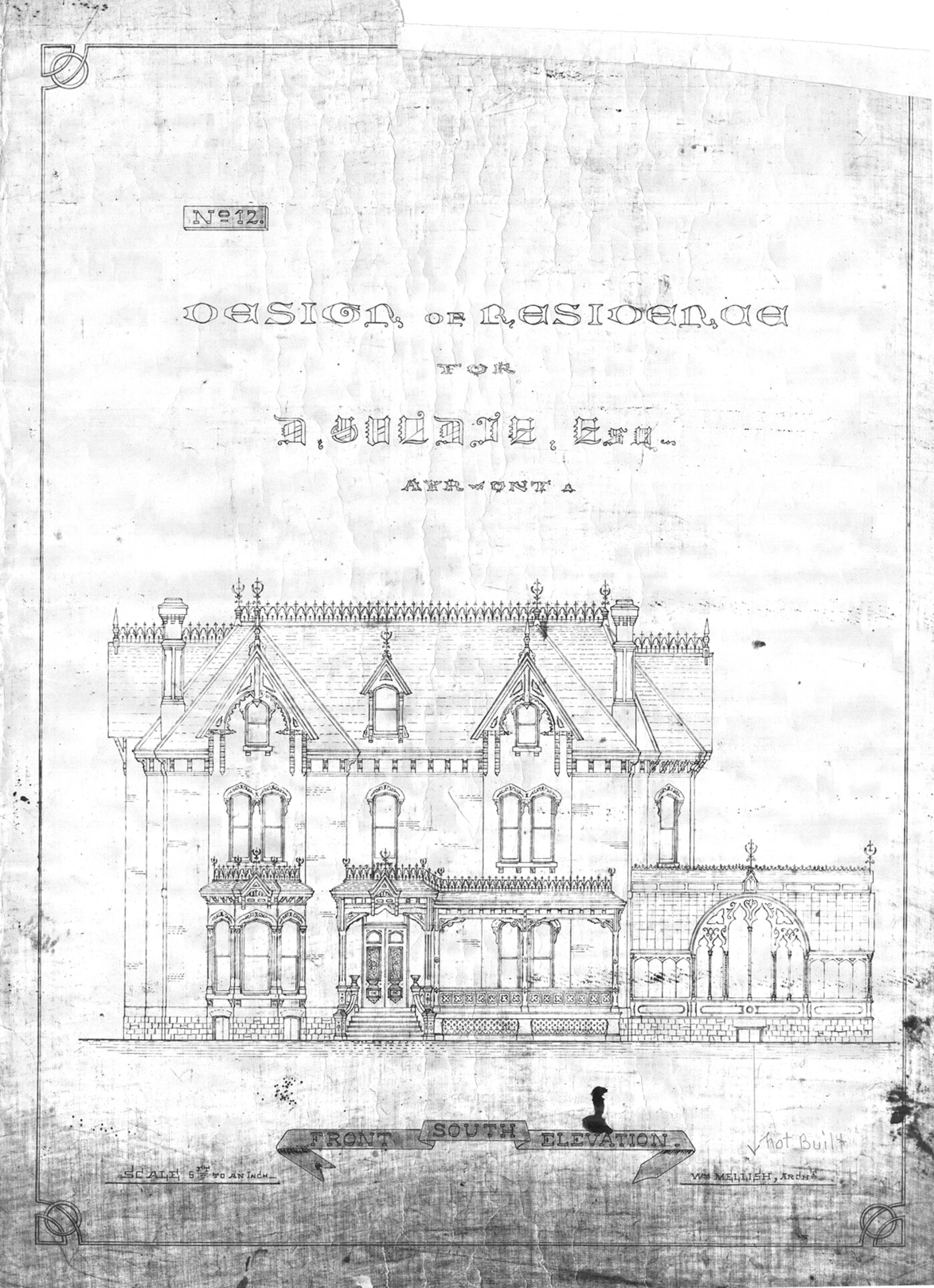 Original architect's drawing: 'Design of Residence for D. Goldie Esq., Ayr, Ont.' — front south elevation by William Mellish, circa 1884
